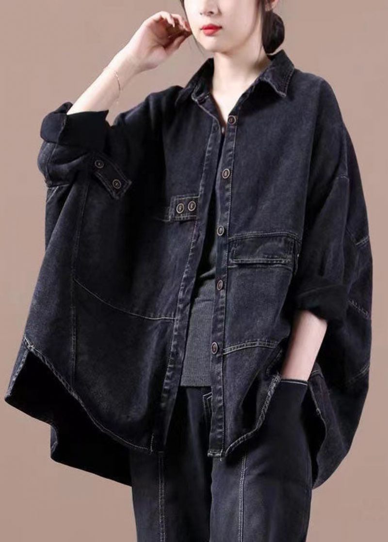 Fashion Black Loose Button Patchwork Asymmetrisk Design Efterår Denim Langærmede Bluse Toppe