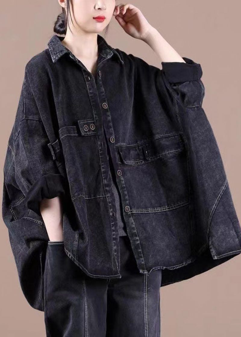 Fashion Black Loose Button Patchwork Asymmetrisk Design Efterår Denim Langærmede Bluse Toppe - Dame vinterfrakker