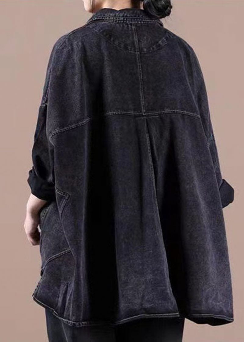 Fashion Black Loose Button Patchwork Asymmetrisk Design Efterår Denim Langærmede Bluse Toppe - Dame vinterfrakker