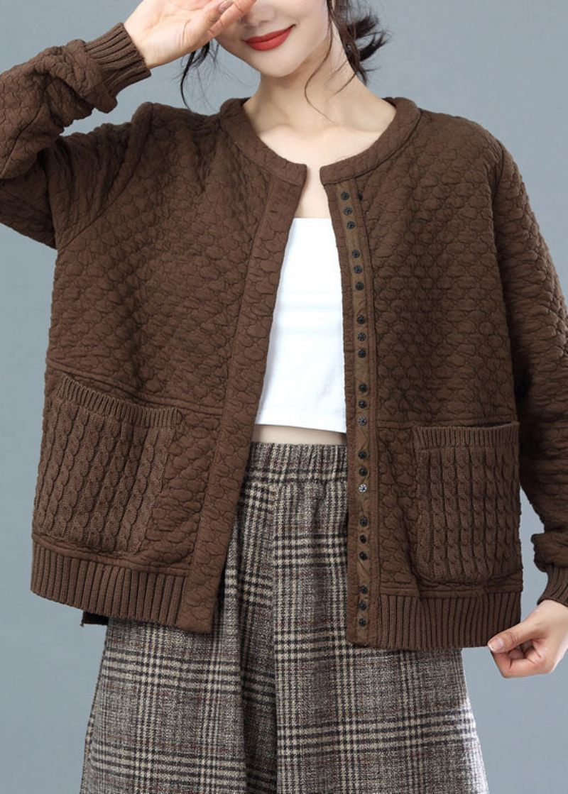 Fashion Chokolade Oversized Strik Patchwork Bomuldsjakker Vinter