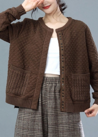 Fashion Chokolade Oversized Strik Patchwork Bomuldsjakker Vinter