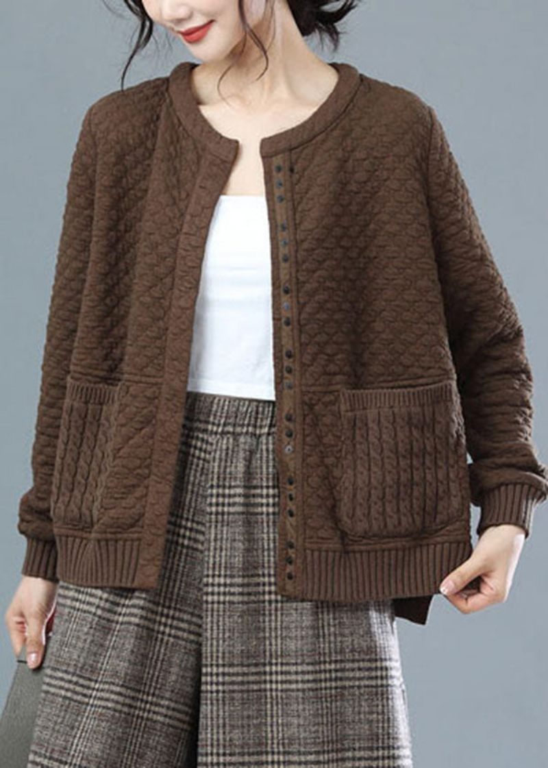 Fashion Chokolade Oversized Strik Patchwork Bomuldsjakker Vinter - Dame vinterfrakker