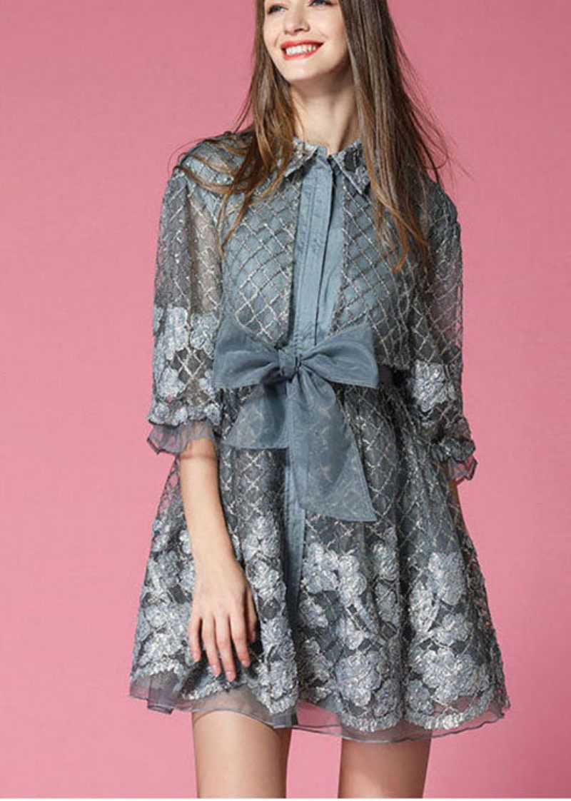 Fashion Grey Organza Patchwork Hollow Out Bow Talje Fall Half Sleeve Coat