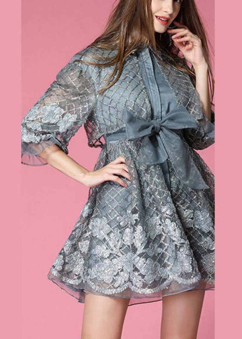 Fashion Grey Organza Patchwork Hollow Out Bow Talje Fall Half Sleeve Coat - Grå