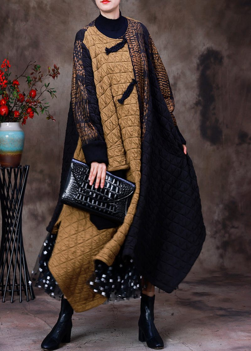 Fashion Gul Patchwork Sort Asymmetrisk O-hals Tyk Maxi Coat Langærmet - Dame vinterfrakker