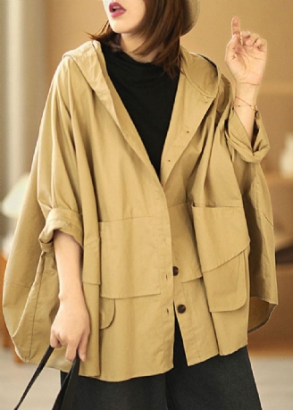 Fashion Khaki Bat Wing Sleeve Patchwork Casual Fall Hooded Coat