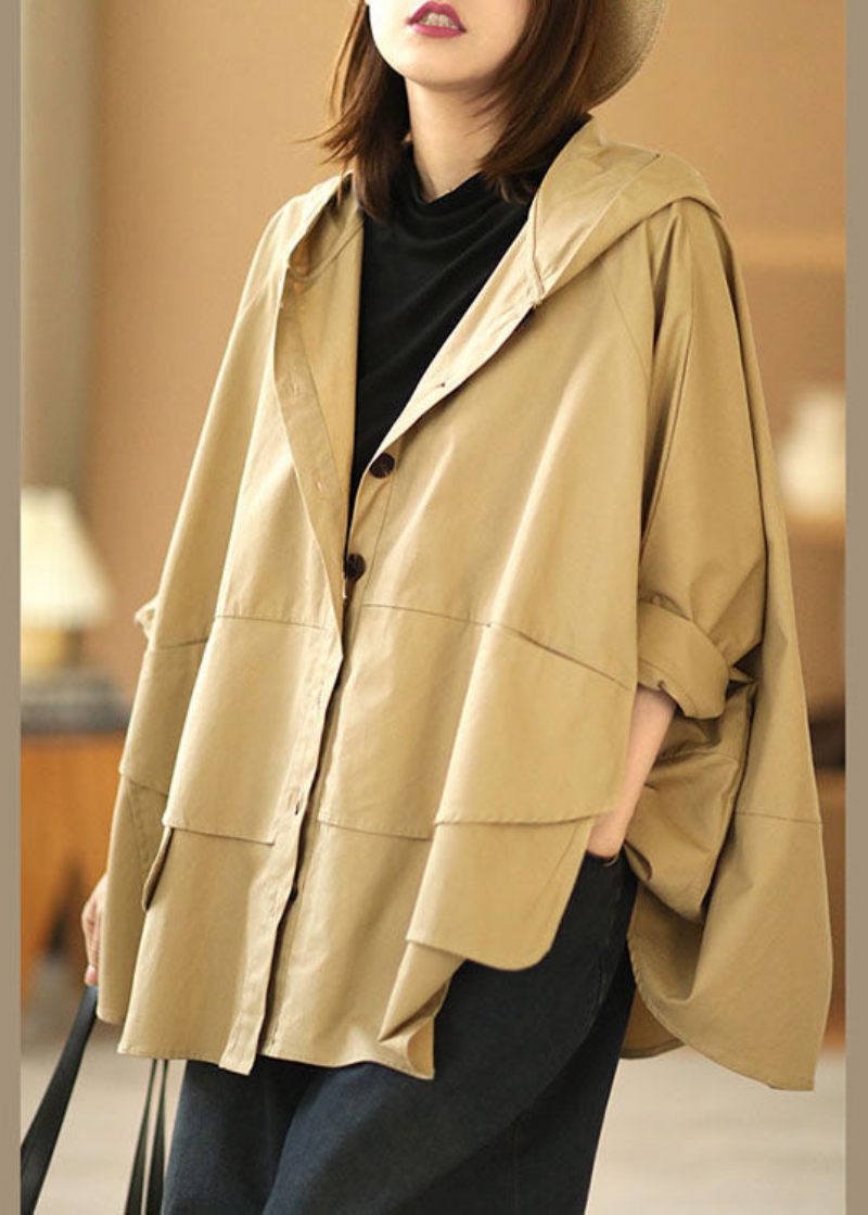 Fashion Khaki Bat Wing Sleeve Patchwork Casual Fall Hooded Coat - Khaki