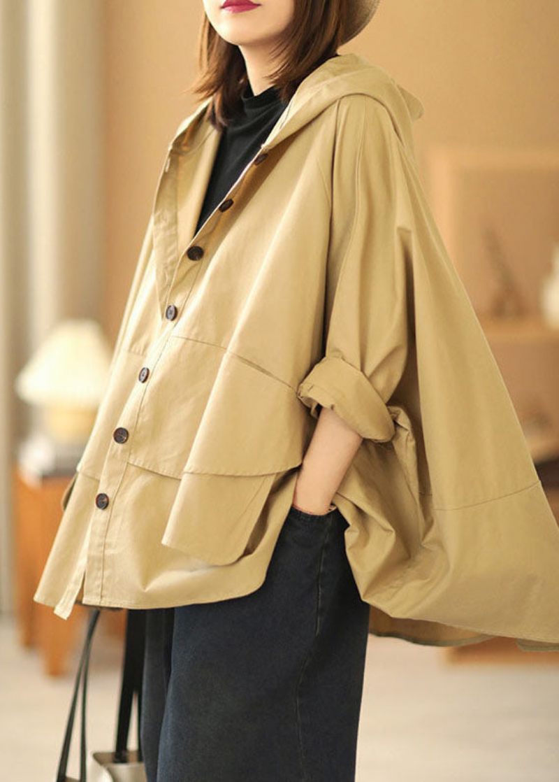 Fashion Khaki Bat Wing Sleeve Patchwork Casual Fall Hooded Coat - Khaki