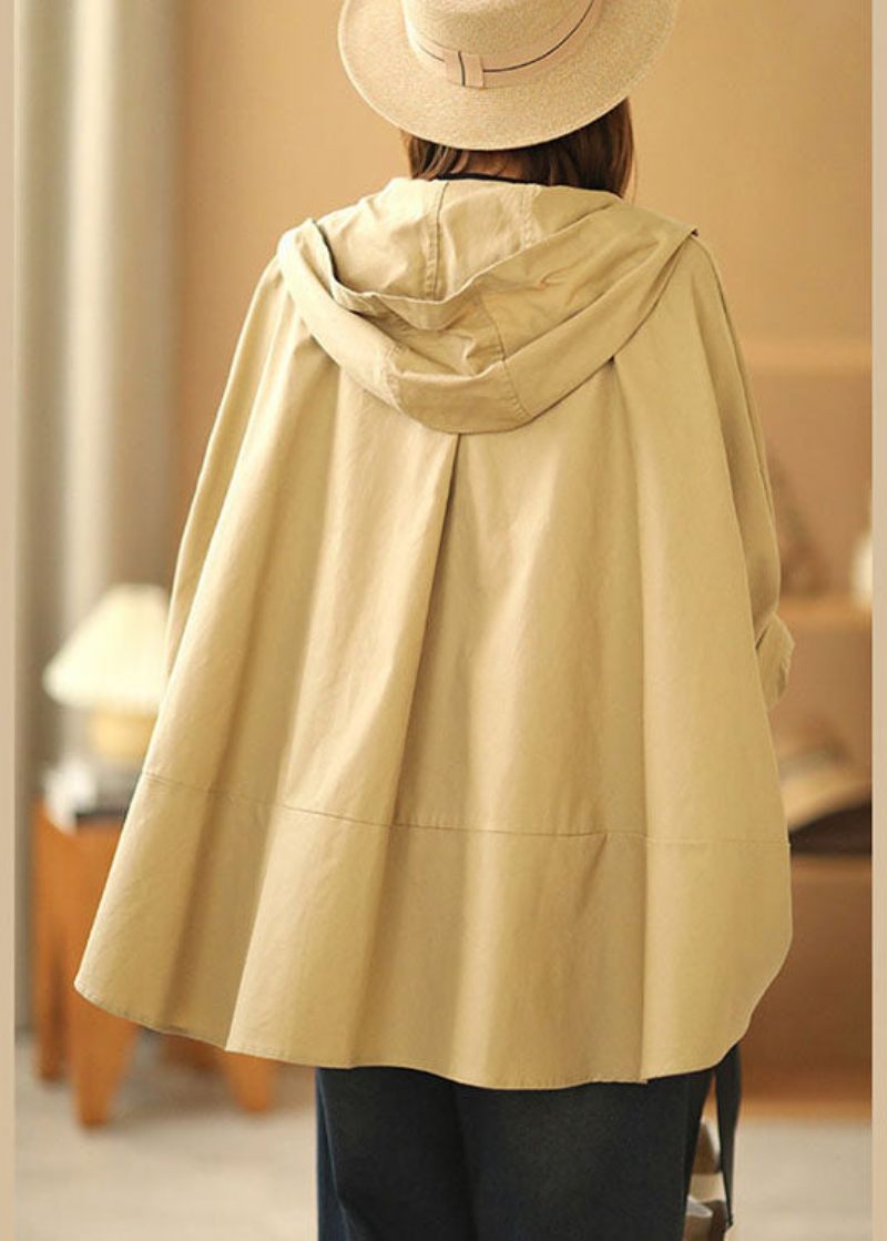 Fashion Khaki Bat Wing Sleeve Patchwork Casual Fall Hooded Coat - Khaki