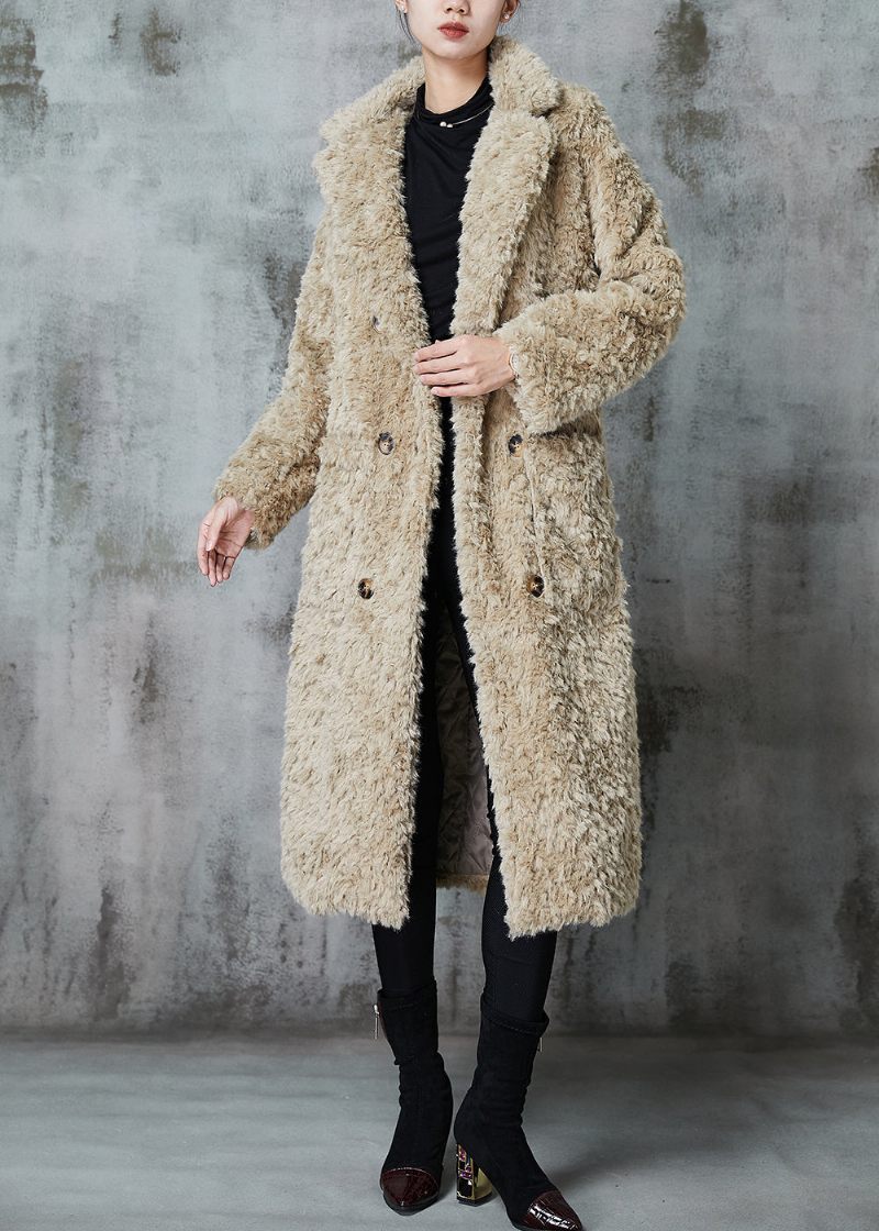 Fashion Khaki Dobbeltbryst Tykk Fuzzy Pels Fluffy Frakker Vinter - Dame vinterfrakker