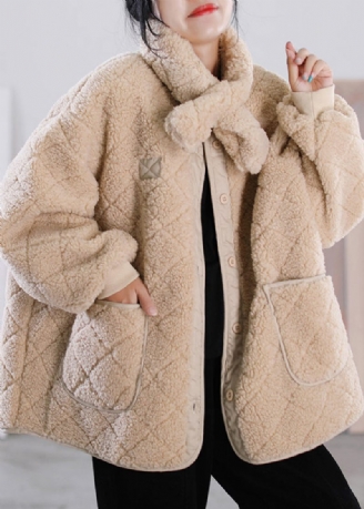 Fashion Khaki O-hals Knaplommer Faux Fur Coat Vinter