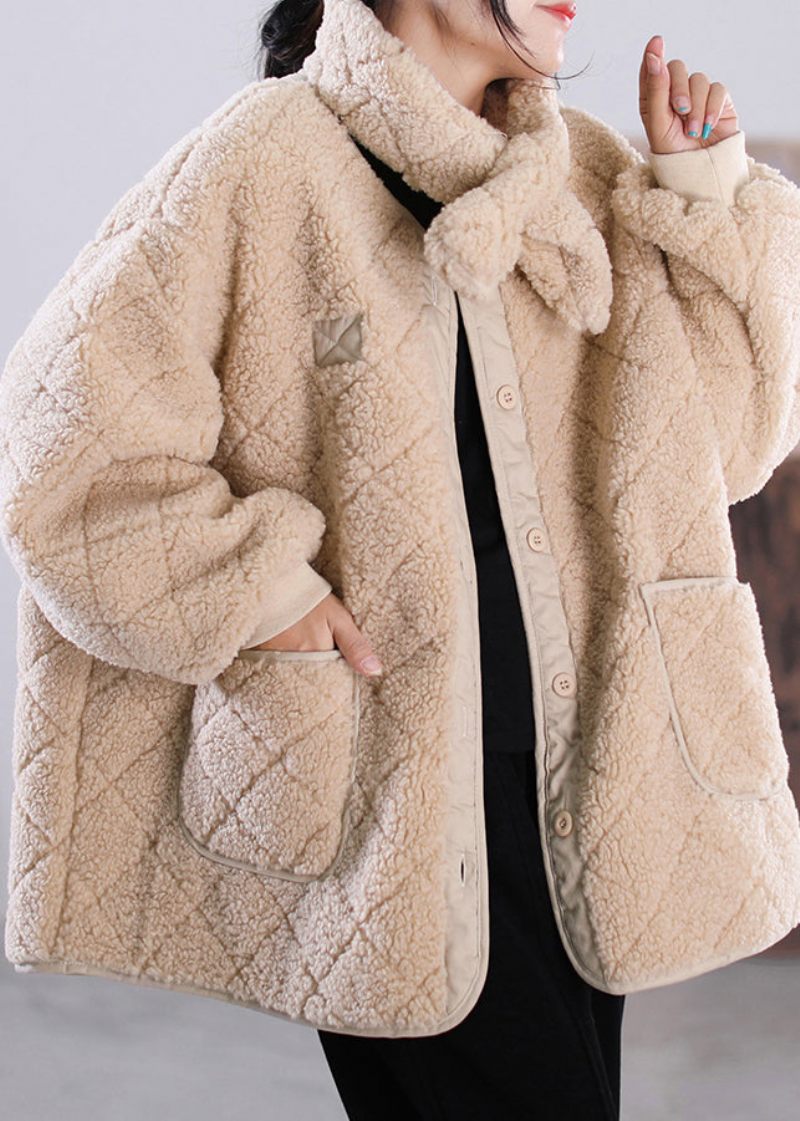 Fashion Khaki O-hals Knaplommer Faux Fur Coat Vinter - Kaki