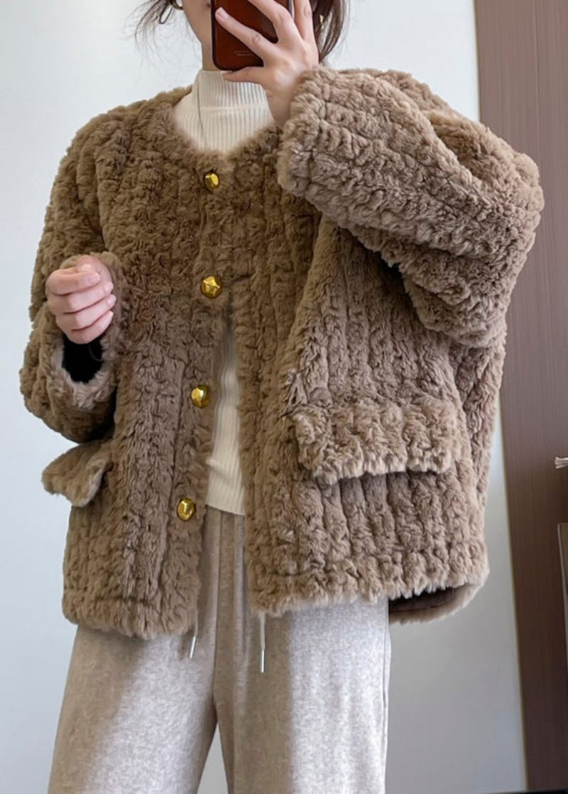 Fashion Khaki Tyk Imiteret Pels Teddy Coat Vinter