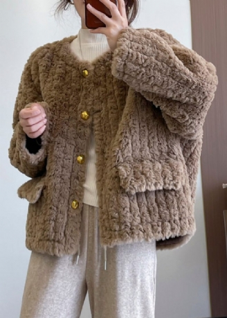 Fashion Khaki Tyk Imiteret Pels Teddy Coat Vinter