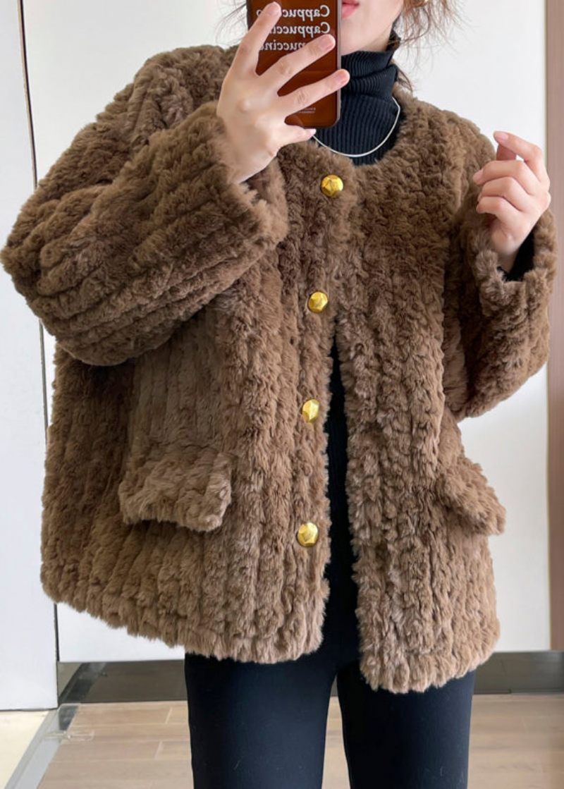 Fashion Khaki Tyk Imiteret Pels Teddy Coat Vinter - Dame vinterfrakker