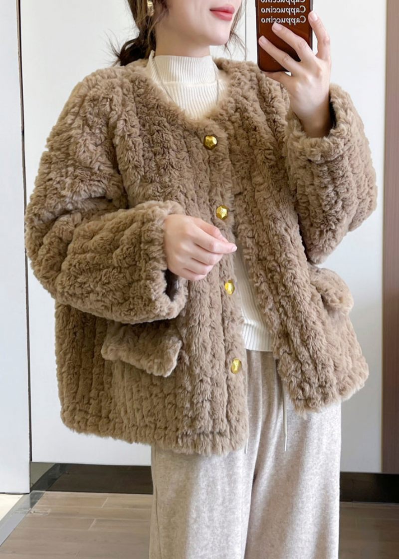 Fashion Khaki Tyk Imiteret Pels Teddy Coat Vinter - Dame vinterfrakker