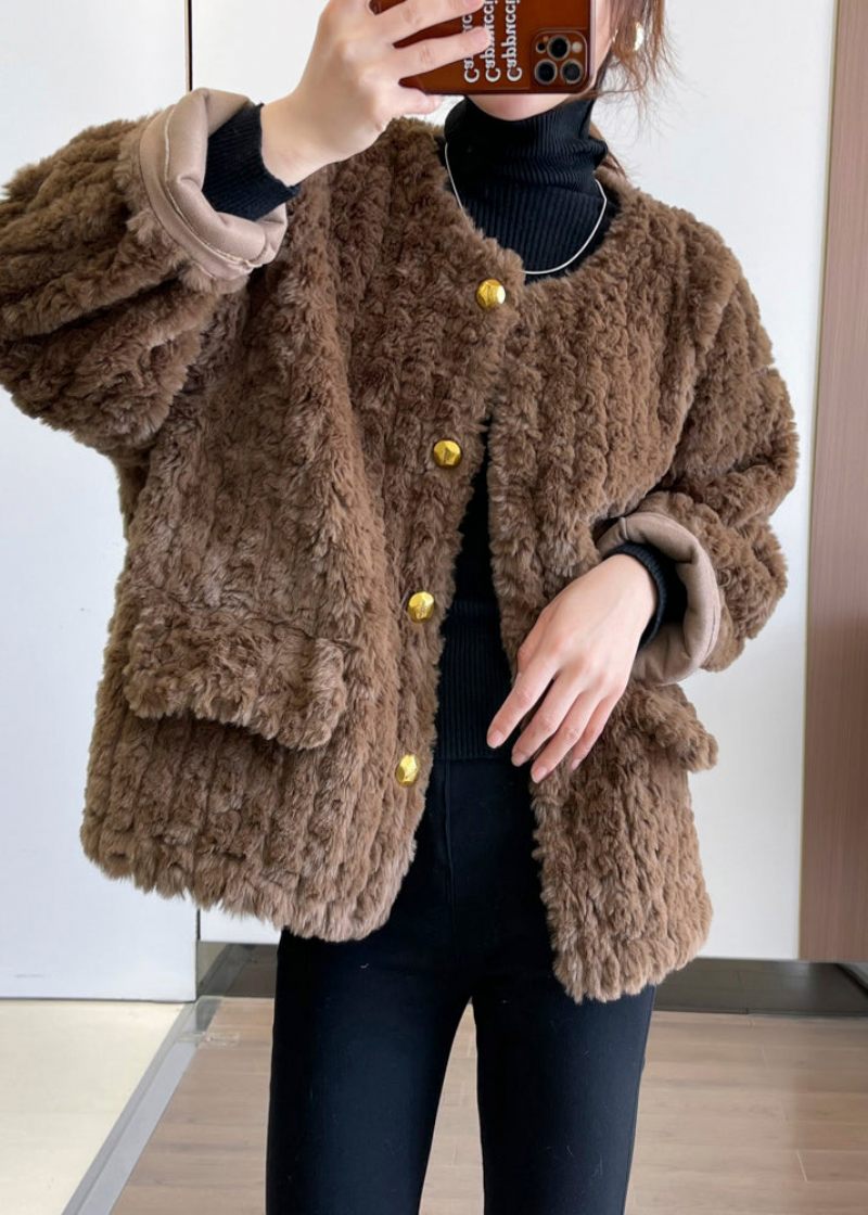 Fashion Khaki Tyk Imiteret Pels Teddy Coat Vinter - Dame vinterfrakker