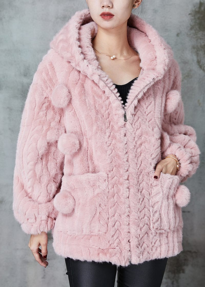 Fashion Pink Hætte Fuzzy Fur Fluffy Coat Outwear Spring