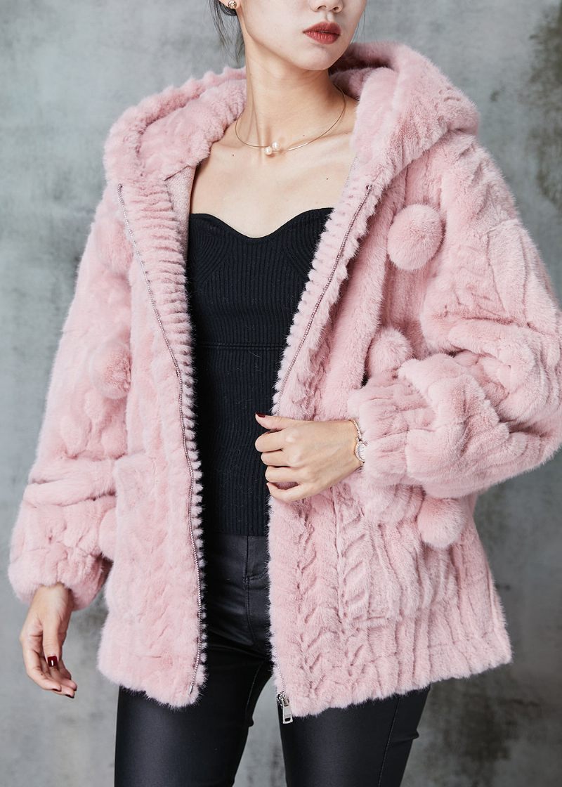 Fashion Pink Hætte Fuzzy Fur Fluffy Coat Outwear Spring - Dame vinterfrakker