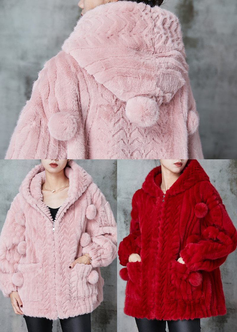 Fashion Pink Hætte Fuzzy Fur Fluffy Coat Outwear Spring - Dame vinterfrakker