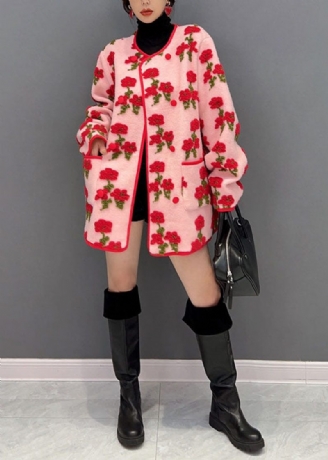 Fashion Pink Oversized Floral Jacquard Fluffy Coats Spring