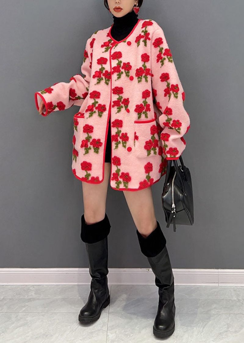 Fashion Pink Oversized Floral Jacquard Fluffy Coats Spring - Dame vinterfrakker