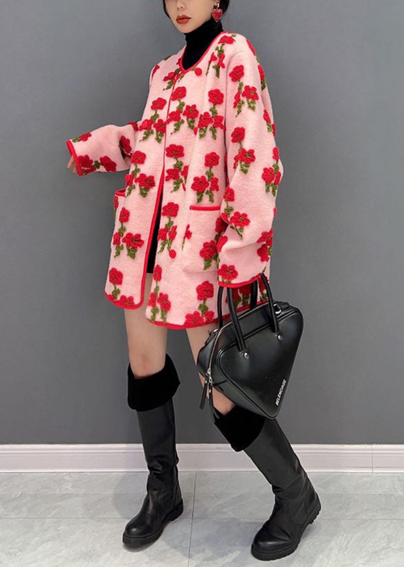 Fashion Pink Oversized Floral Jacquard Fluffy Coats Spring - Dame vinterfrakker