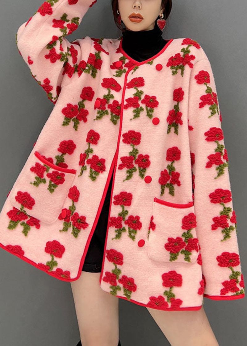 Fashion Pink Oversized Floral Jacquard Fluffy Coats Spring - Dame vinterfrakker