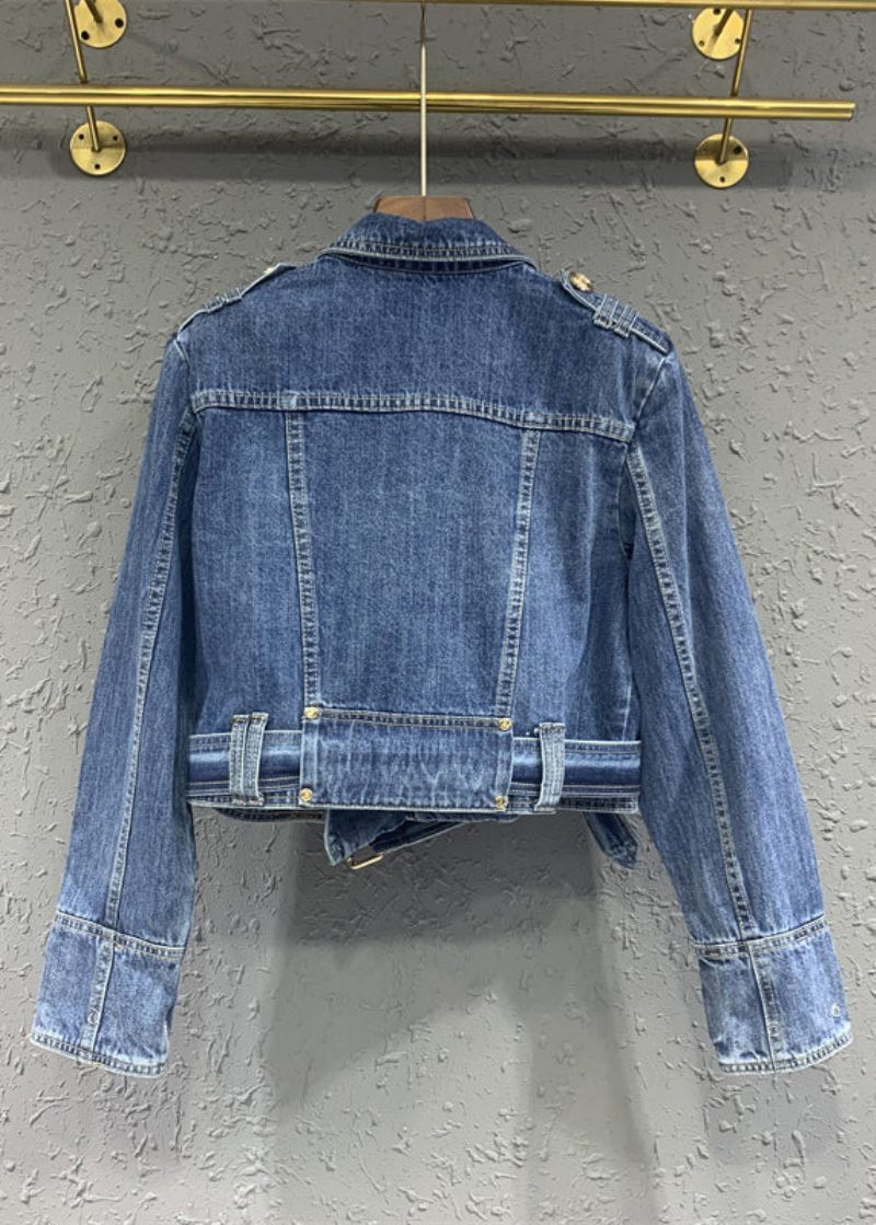 Fin Blå Peter Pan Krave Lynlås Patchwork Denim Jakker Efterår - Dame vinterfrakker