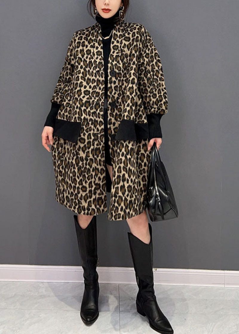 Fine Chokolade V-halslommer Patchwork Leopard Bomuld Trench Spring