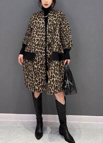 Fine Chokolade V-halslommer Patchwork Leopard Bomuld Trench Spring