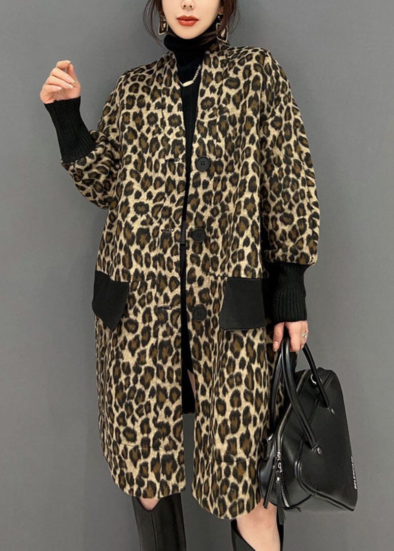 Fine Chokolade V-halslommer Patchwork Leopard Bomuld Trench Spring - Dame vinterfrakker