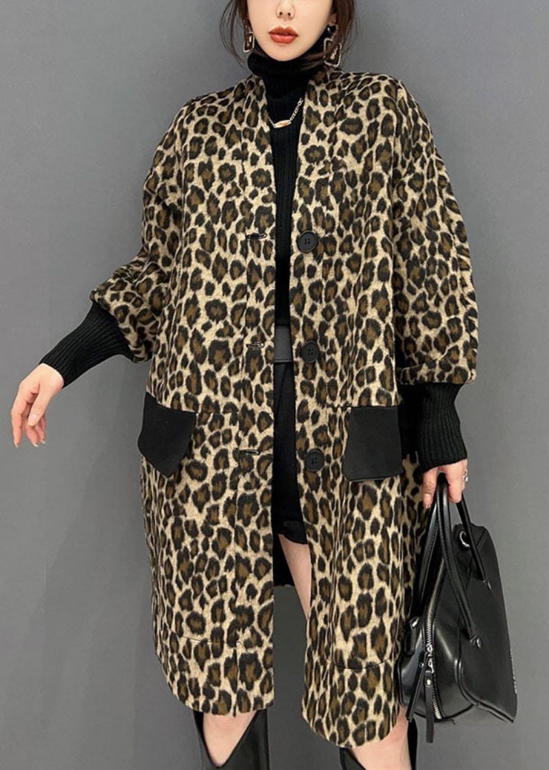 Fine Chokolade V-halslommer Patchwork Leopard Bomuld Trench Spring - Dame vinterfrakker