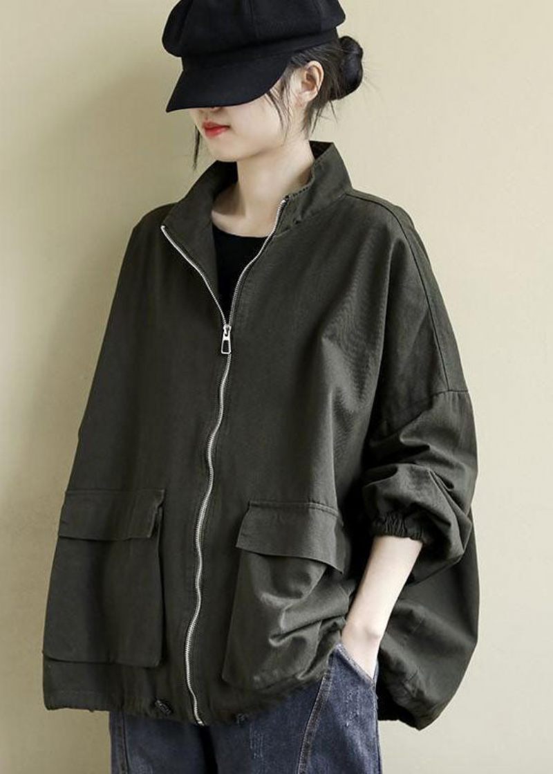 Fransk Army Green Oversized Lynlåslommer Varm Fleece Coat Fall - Dame vinterfrakker