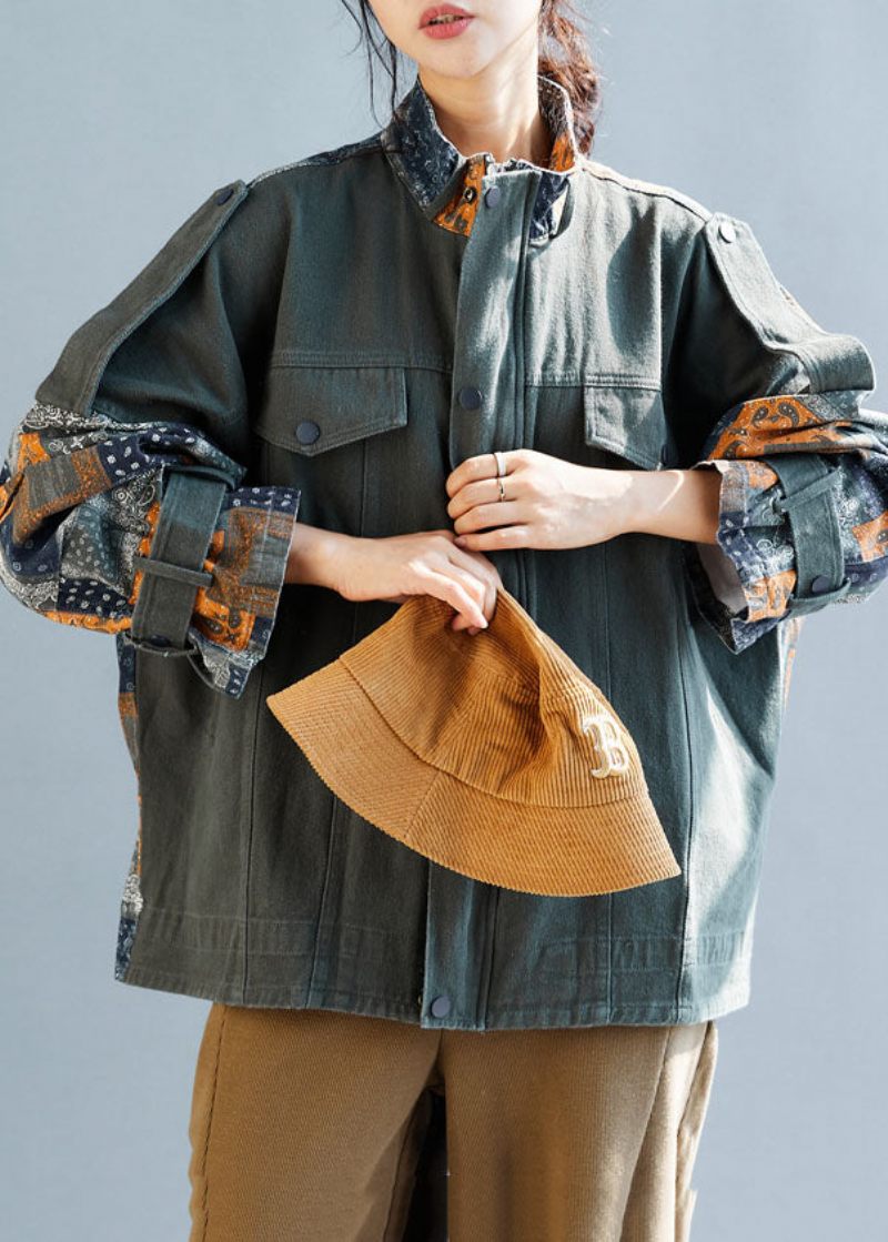 Fransk Army Grøn Lynlås Oversized Patchwork Bomuld Frakker Fall