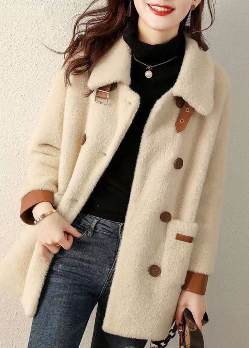 Fransk Beige Peter Pan Krave Lommer Patchwork Faux Fur Coat Efterår