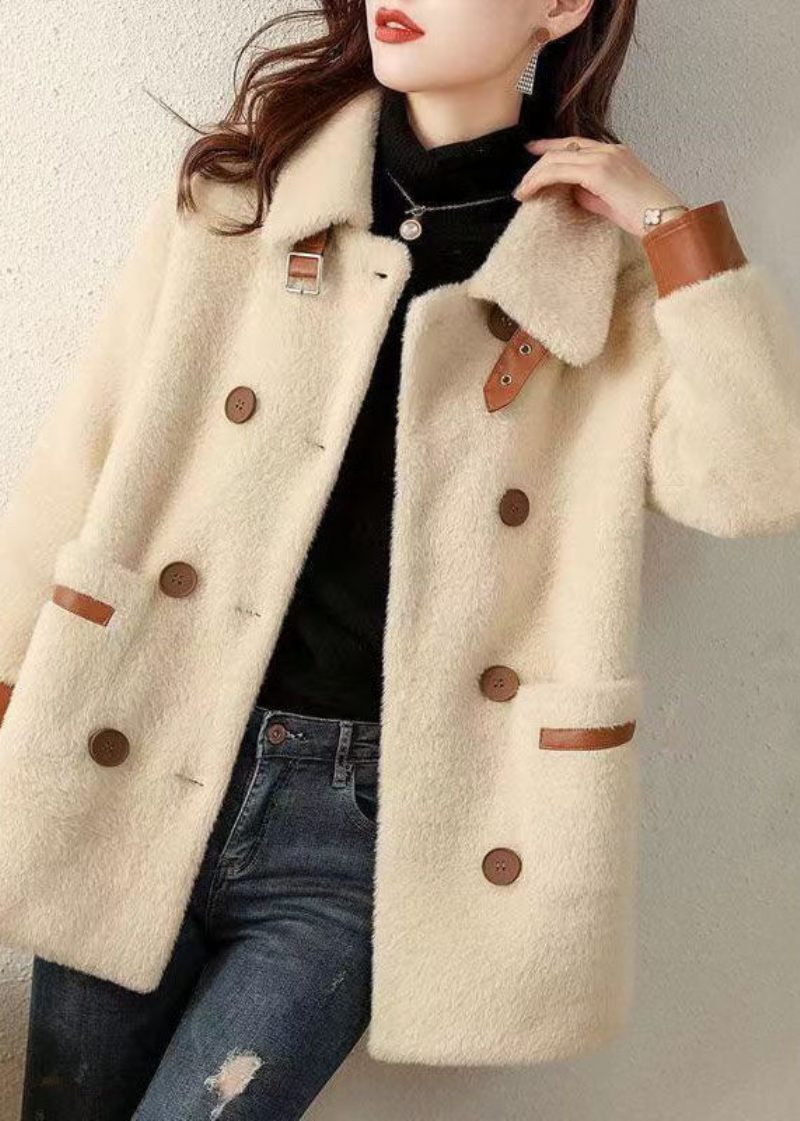 Fransk Beige Peter Pan Krave Lommer Patchwork Faux Fur Coat Efterår - Dame vinterfrakker