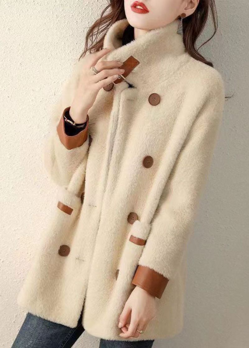 Fransk Beige Peter Pan Krave Lommer Patchwork Faux Fur Coat Efterår - Dame vinterfrakker