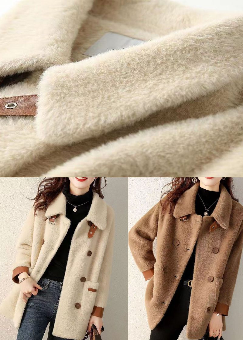 Fransk Beige Peter Pan Krave Lommer Patchwork Faux Fur Coat Efterår - Dame vinterfrakker