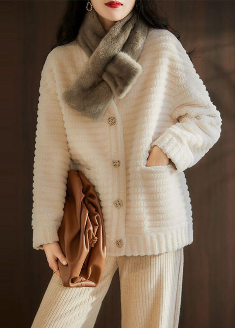 Fransk Beige V-halslommer Patchwork Uldjakker Vinter