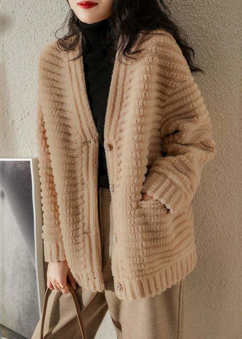 Fransk Beige V-halslommer Patchwork Uldjakker Vinter - Dame vinterfrakker