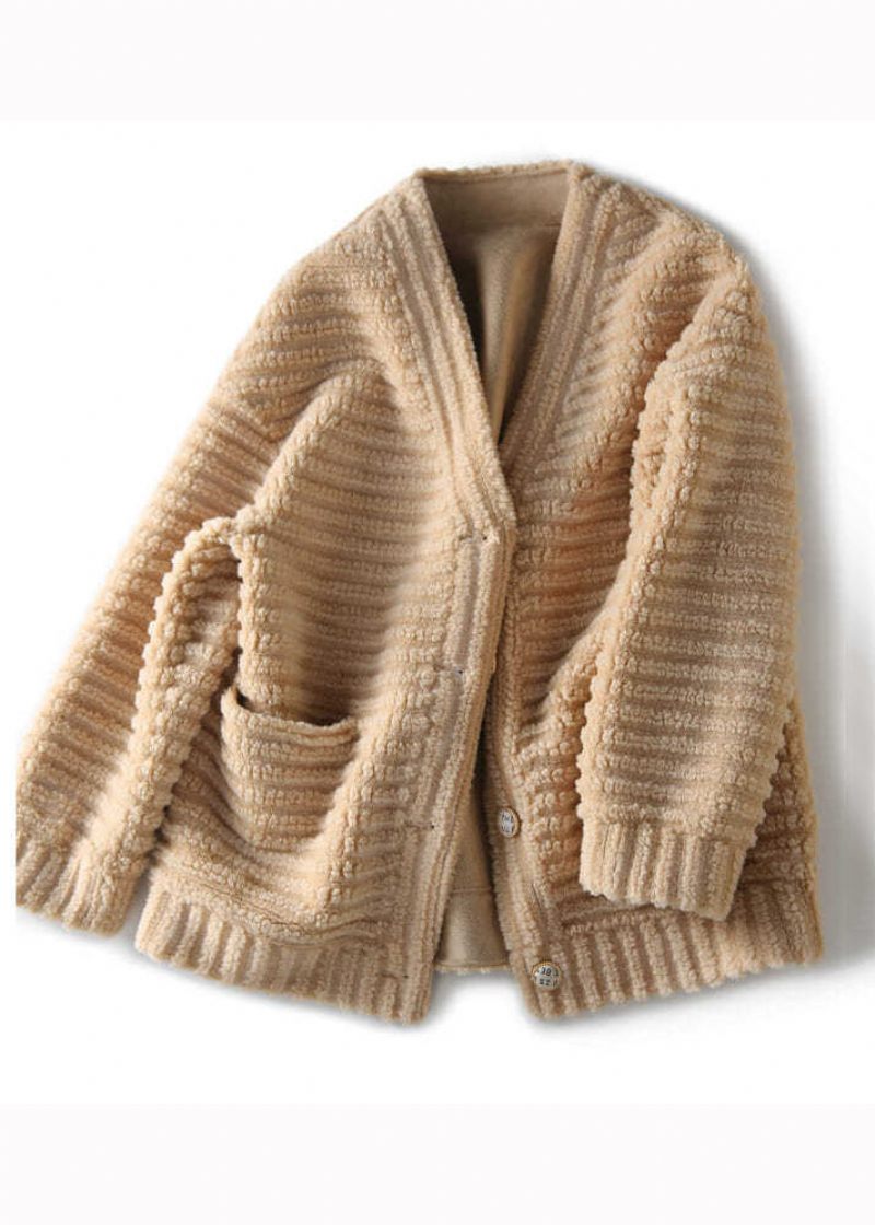 Fransk Beige V-halslommer Patchwork Uldjakker Vinter - Dame vinterfrakker