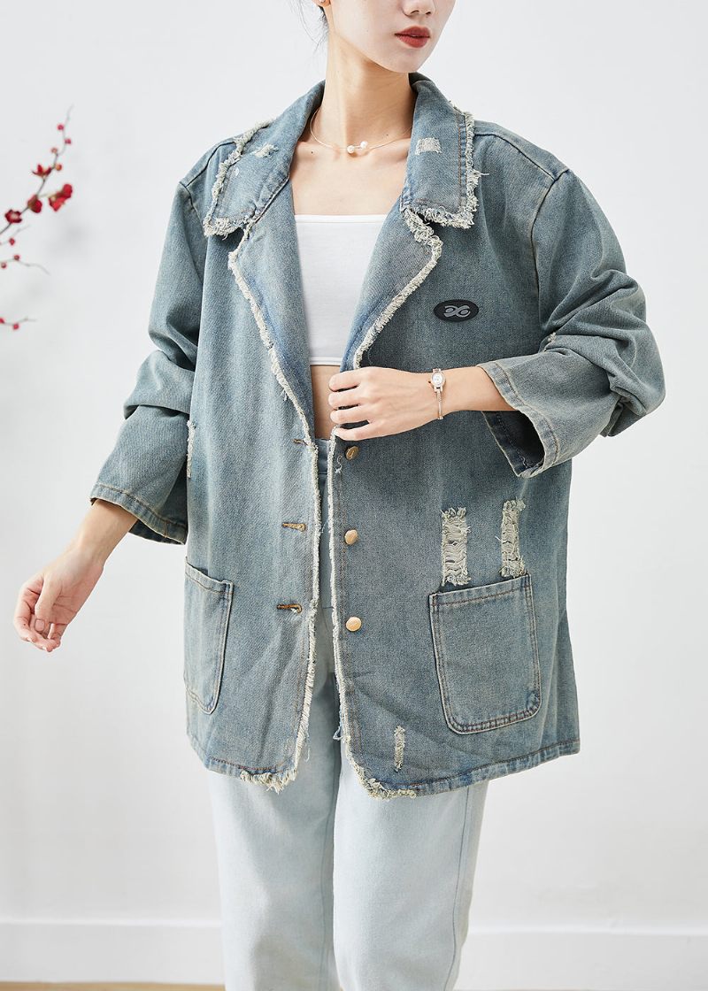 Fransk Blå Grå Oversized Lommer Denim Ripped Coat Outwear Efterår