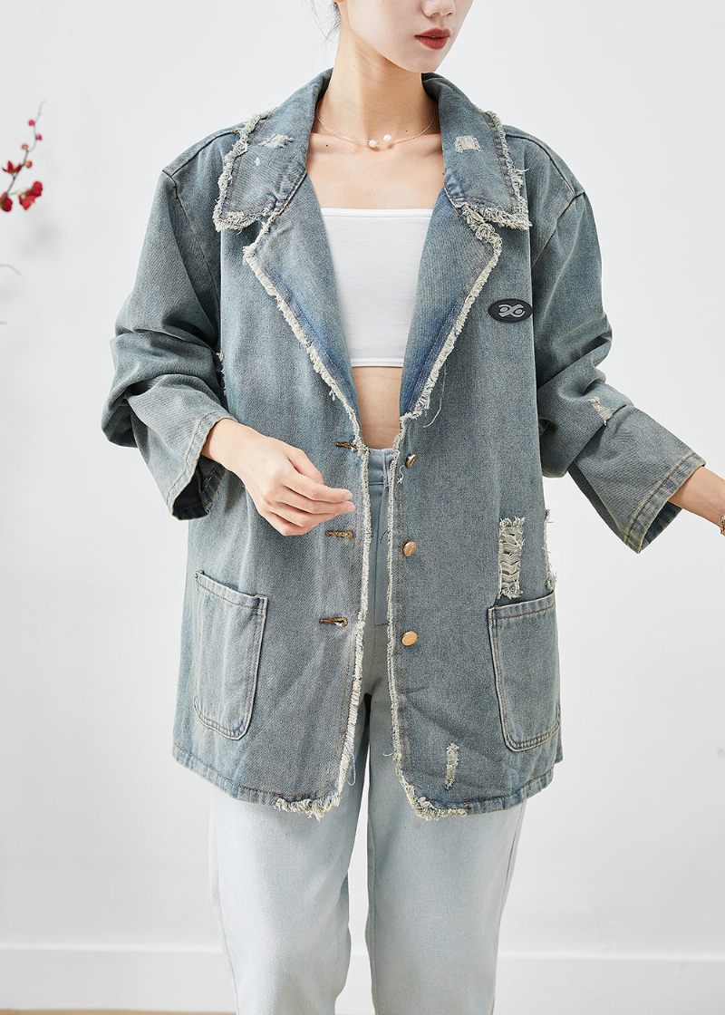 Fransk Blå Grå Oversized Lommer Denim Ripped Coat Outwear Efterår - Dame vinterfrakker