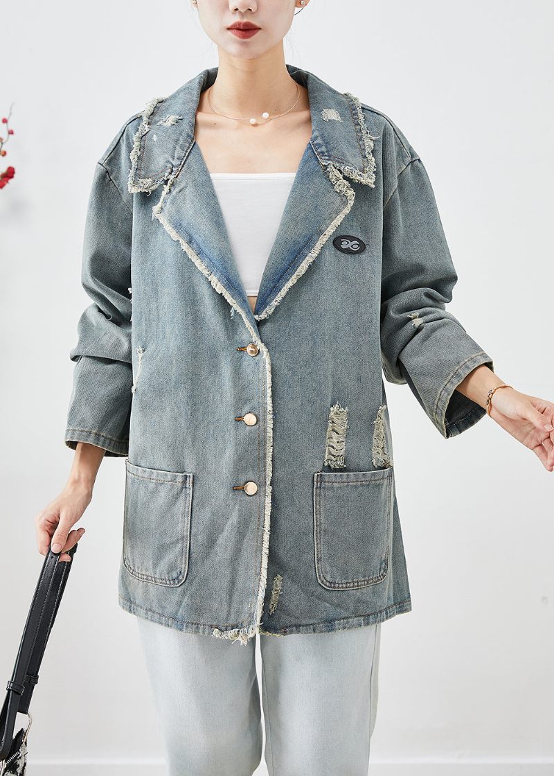 Fransk Blå Grå Oversized Lommer Denim Ripped Coat Outwear Efterår - Dame vinterfrakker