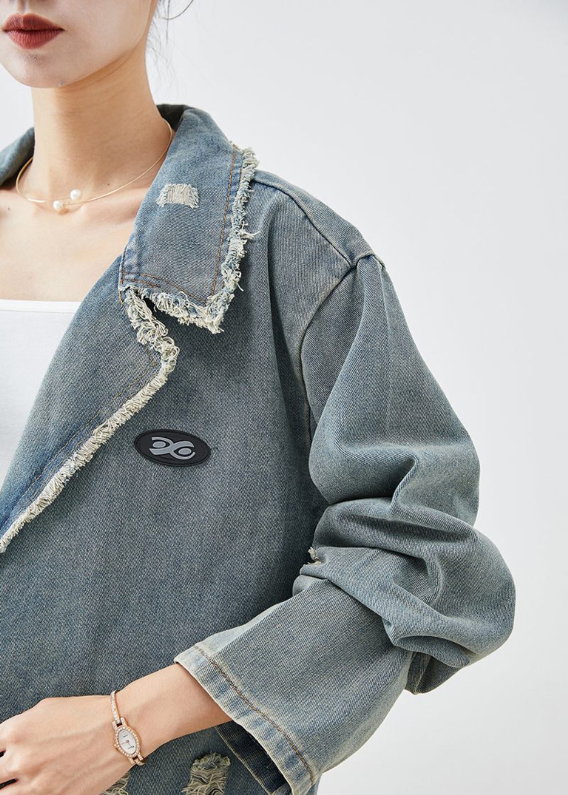 Fransk Blå Grå Oversized Lommer Denim Ripped Coat Outwear Efterår - Dame vinterfrakker