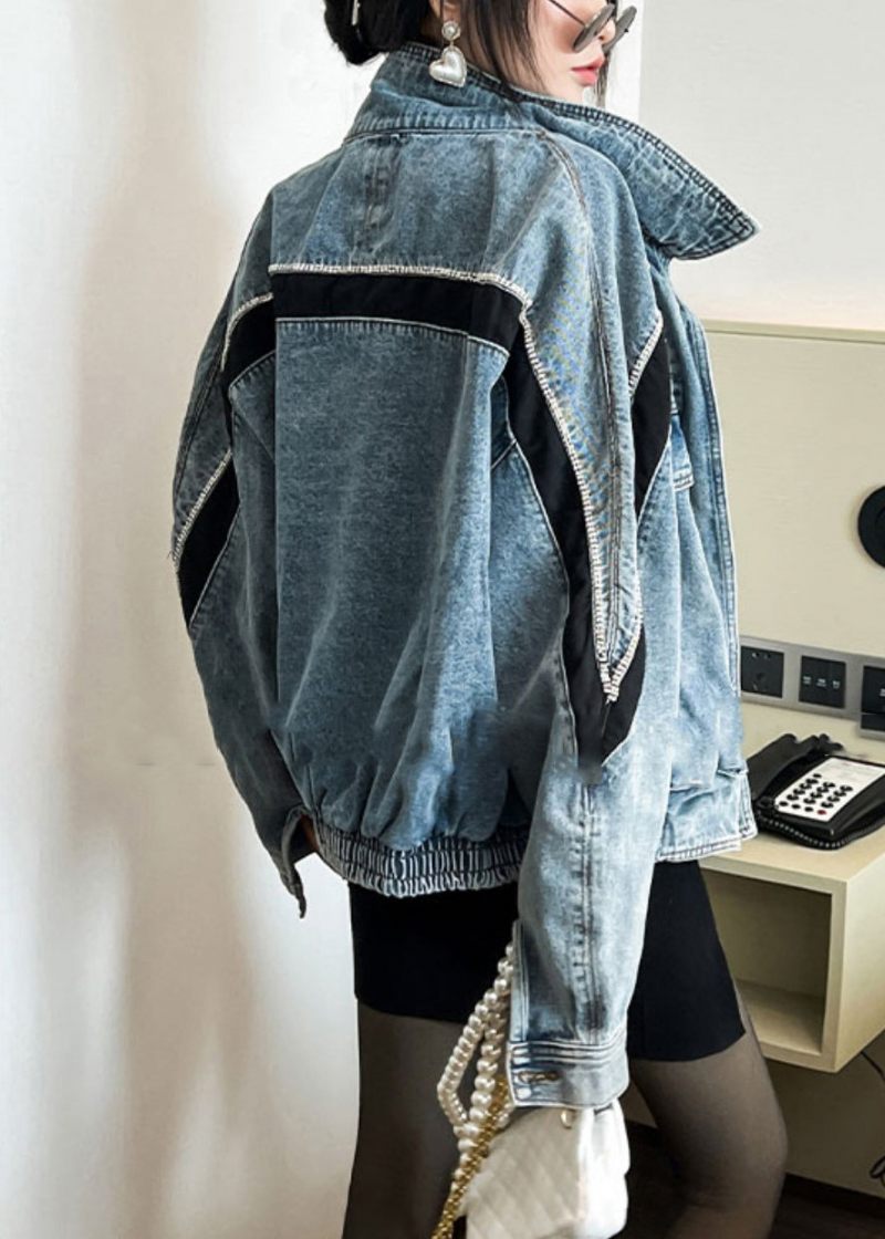 Fransk Blå Lynlås Zircon Patchwork Denim Coat Fall - Dame vinterfrakker