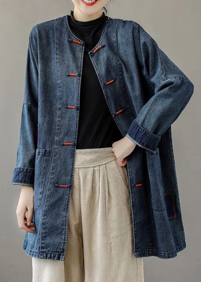 Fransk Blå O-hals Lommer Patchwork Denim Frakker Langærmet