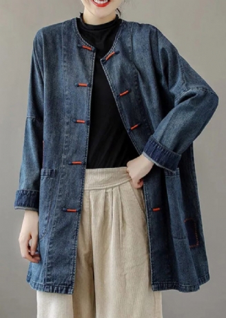 Fransk Blå O-hals Lommer Patchwork Denim Frakker Langærmet