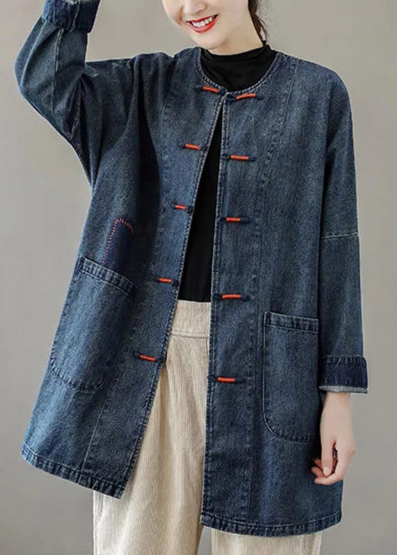 Fransk Blå O-hals Lommer Patchwork Denim Frakker Langærmet - Sort Grå